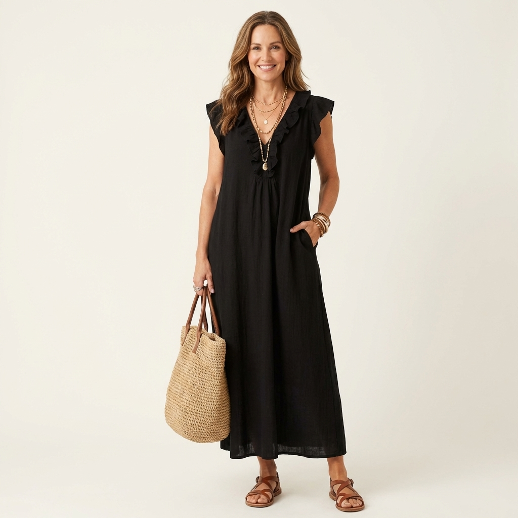 Josette | Abito Maxi in Lino con Volant e Scollo a V
