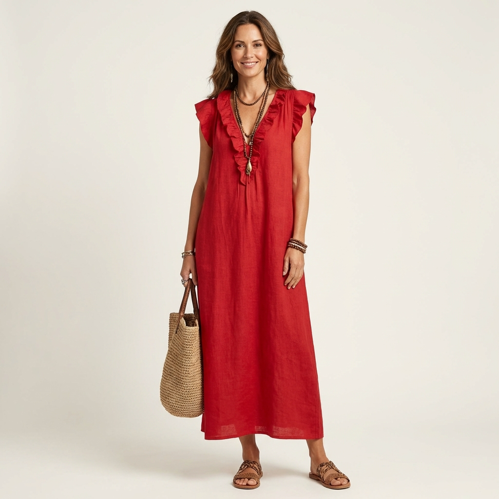 Josette | Abito Maxi in Lino con Volant e Scollo a V