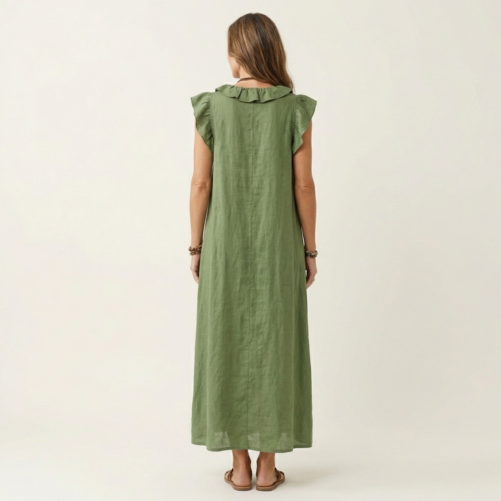 Josette | Abito Maxi in Lino con Volant e Scollo a V
