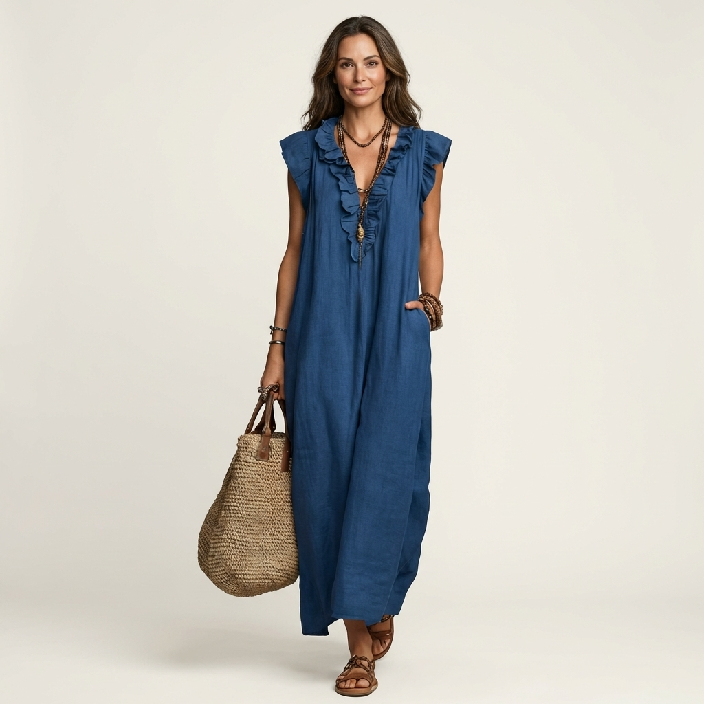 Josette | Abito Maxi in Lino con Volant e Scollo a V