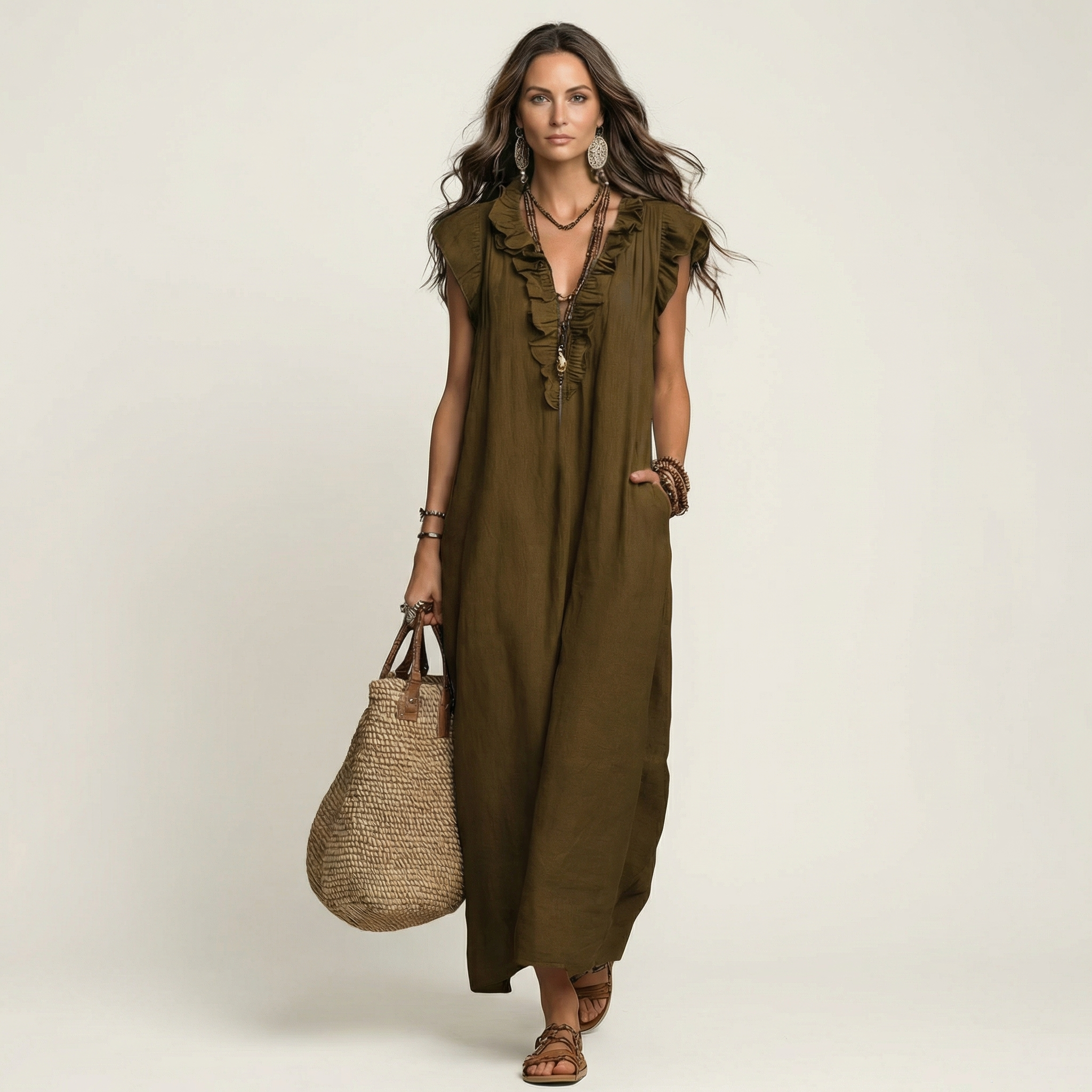 Josette | Abito Maxi in Lino con Volant e Scollo a V
