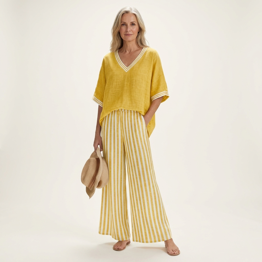 Juliana | Top Varsity a V e Set Pantaloni a Righe a Gamba Larga