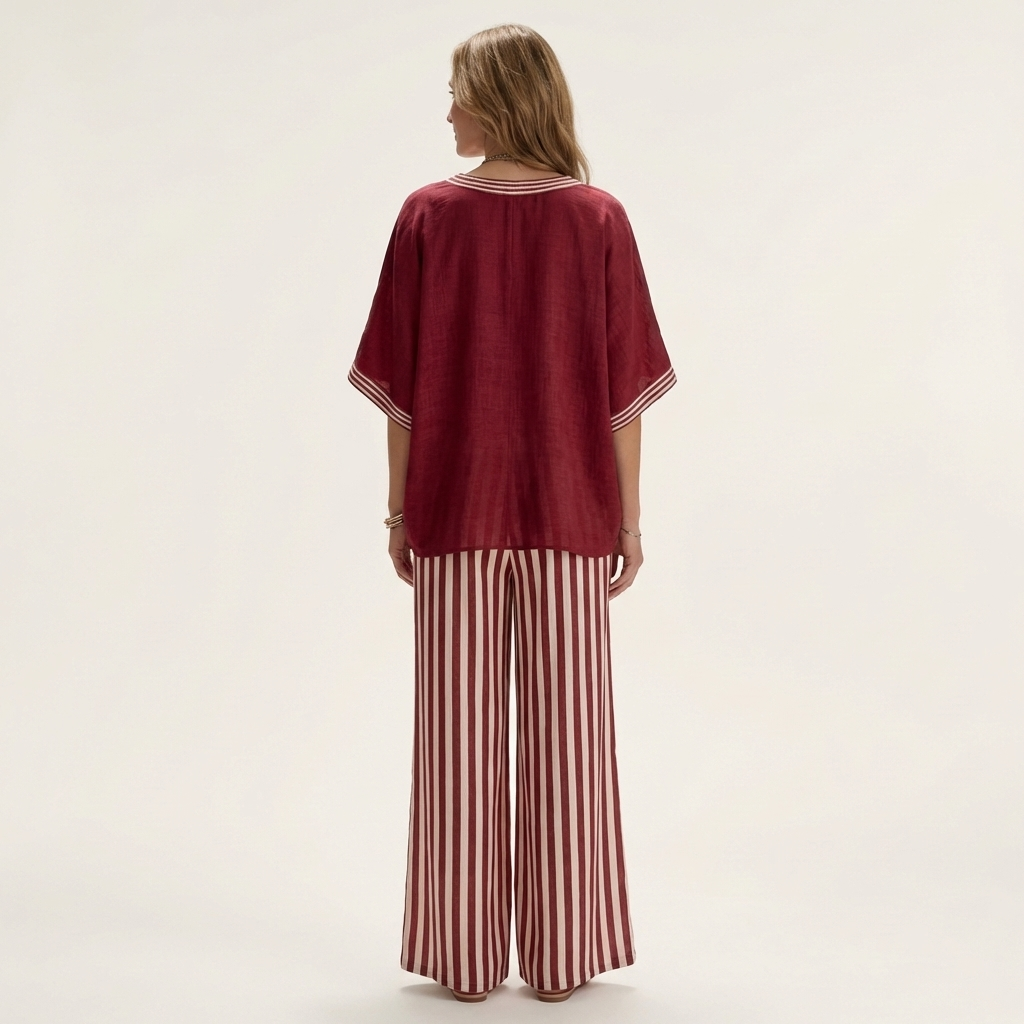 Juliana | Top Varsity a V e Set Pantaloni a Righe a Gamba Larga