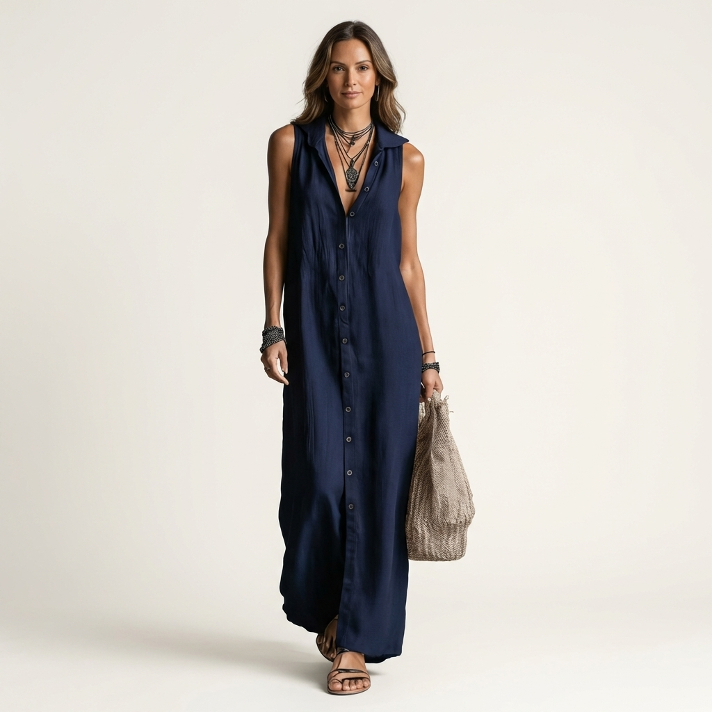 Mirabell | Abito Maxi in Lino Senza Maniche con Cappuccio e Bottoni Frontali