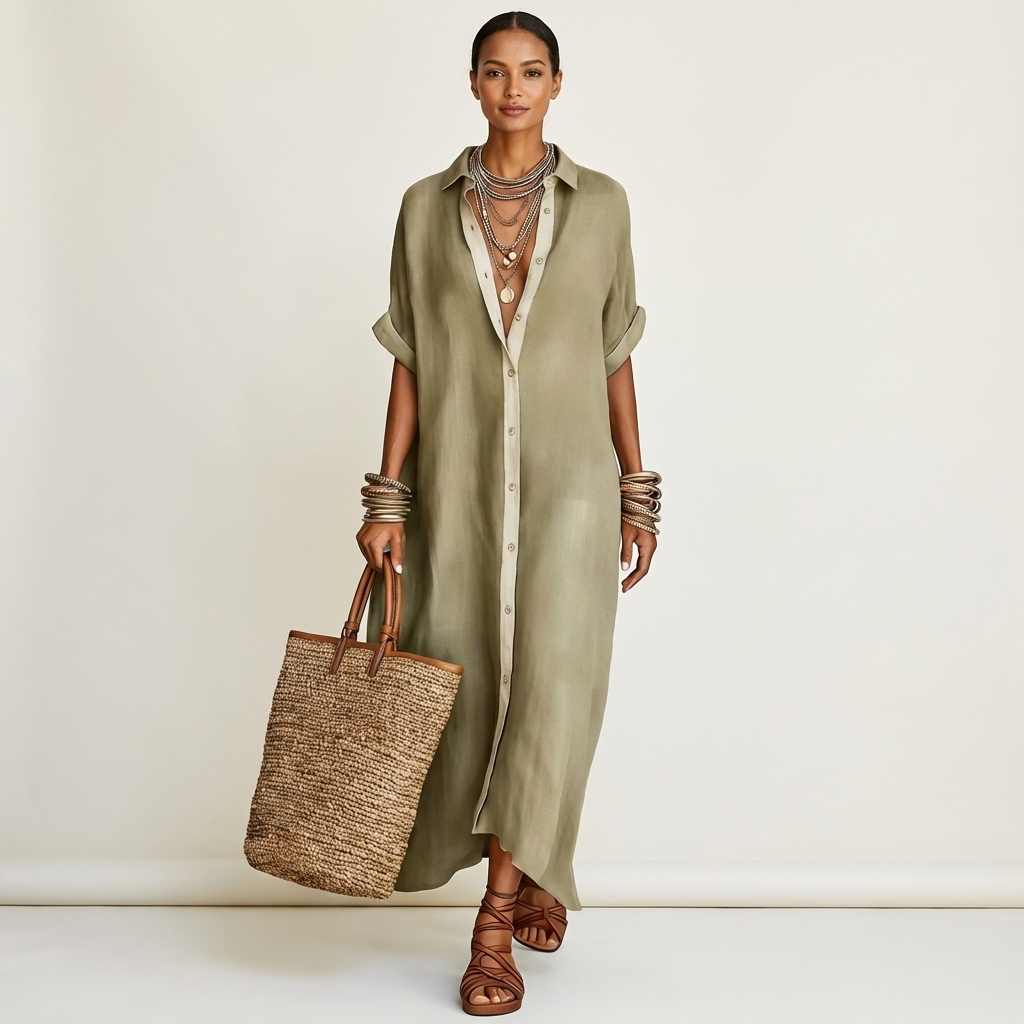 Kamira | Abito Camicia Maxi a Maniche Corte con Collo a Contrasto e Bottoni