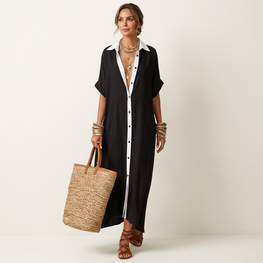Kamira | Abito Camicia Maxi a Maniche Corte con Collo a Contrasto e Bottoni