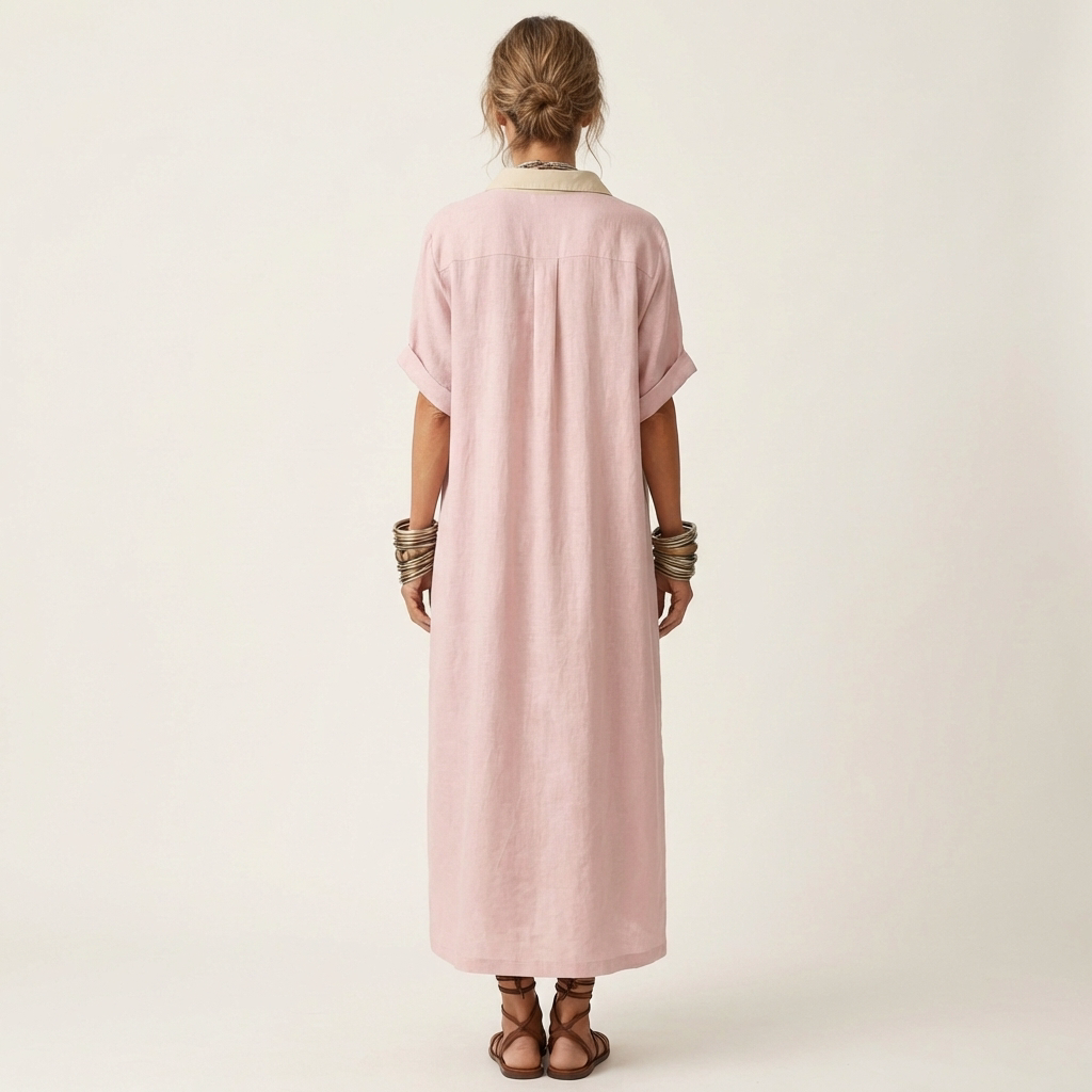 Kamira | Abito Camicia Maxi a Maniche Corte con Collo a Contrasto e Bottoni