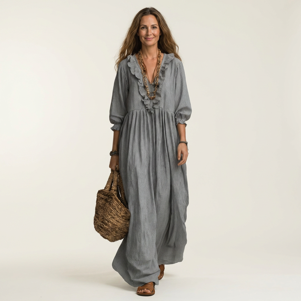 Yosetta | Abito Maxi a Righe con Scollatura a V e Maniche a Lanterne