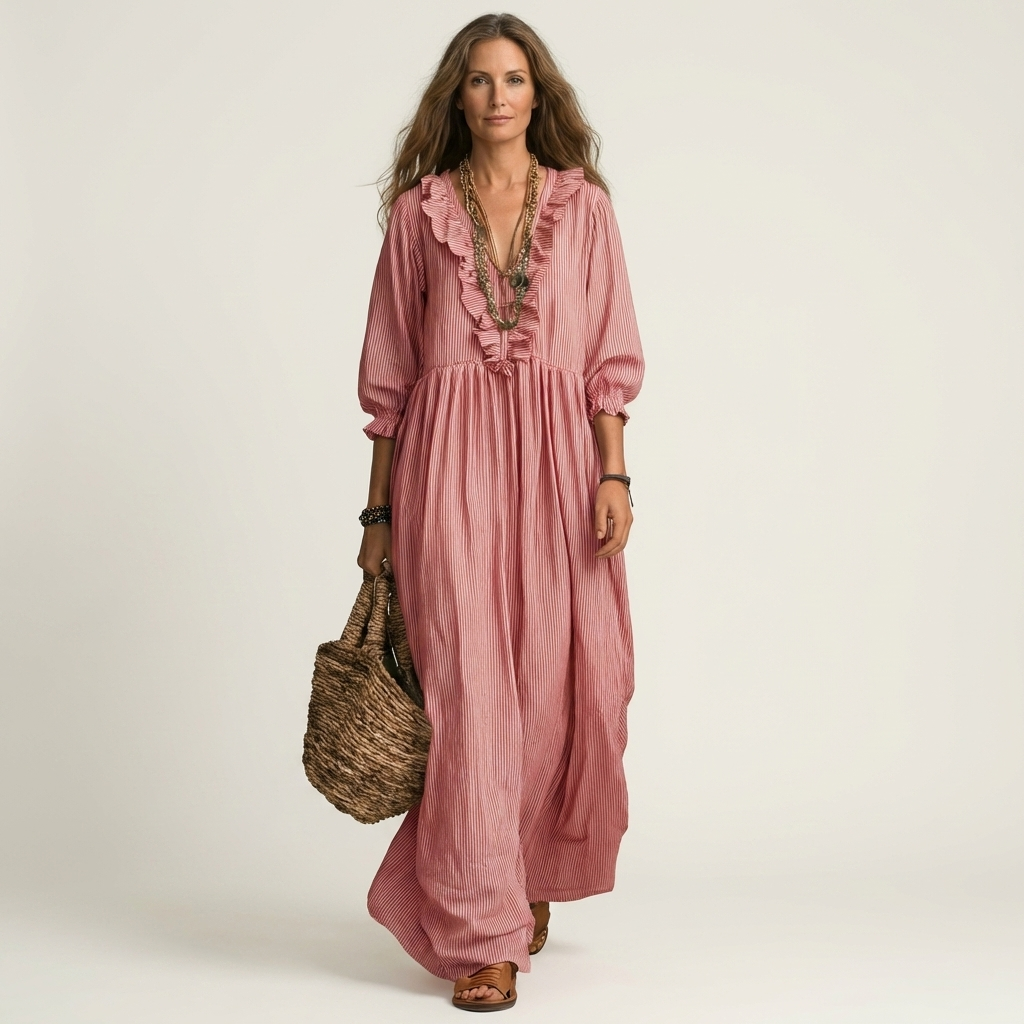 Yosetta | Abito Maxi a Righe con Scollatura a V e Maniche a Lanterne
