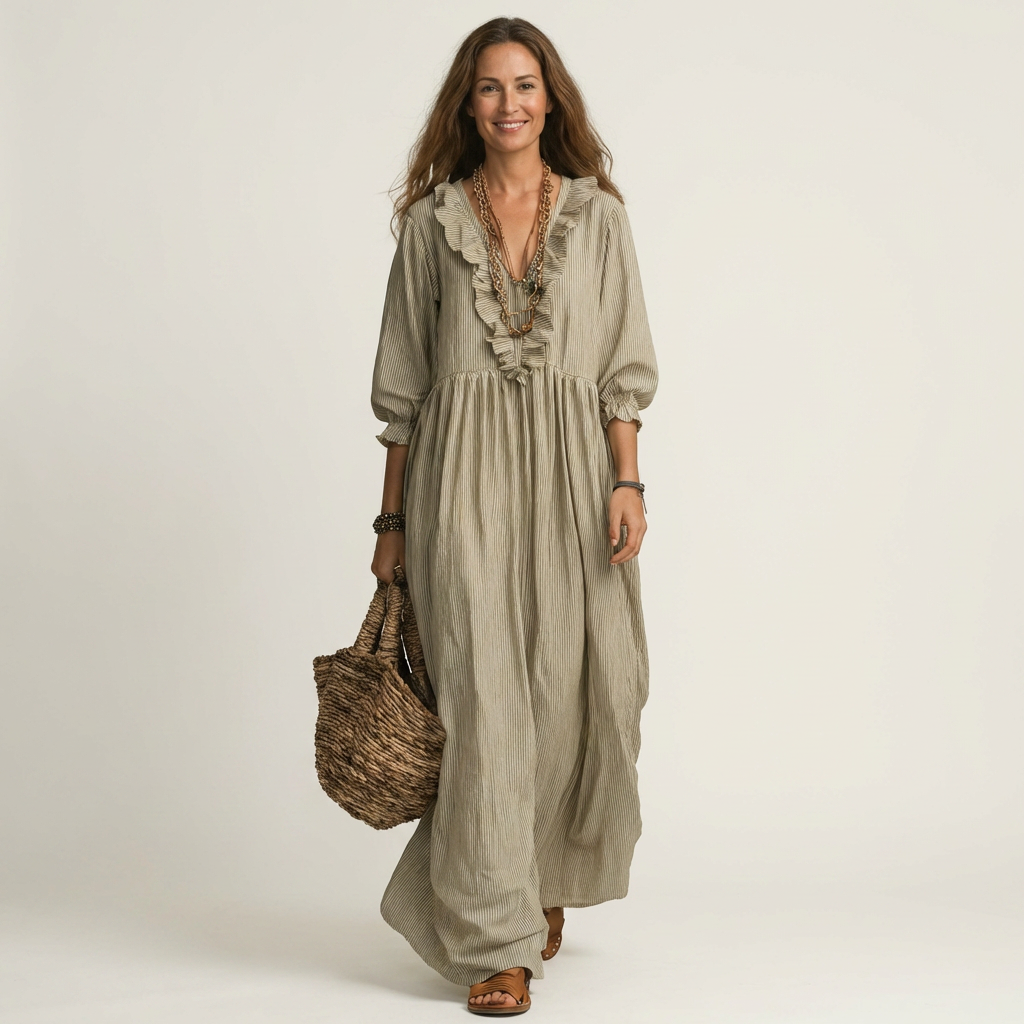 Yosetta | Abito Maxi a Righe con Scollatura a V e Maniche a Lanterne