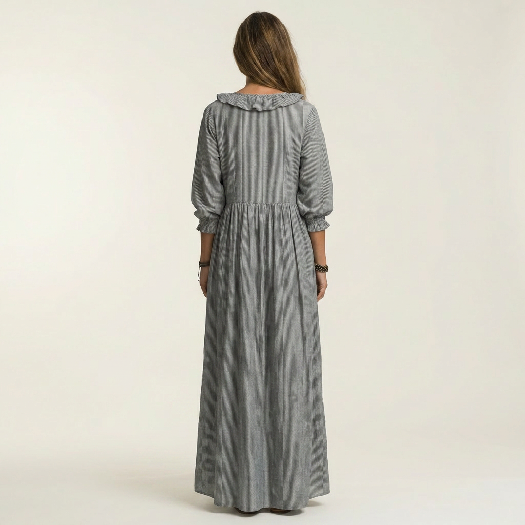 Yosetta | Abito Maxi a Righe con Scollatura a V e Maniche a Lanterne
