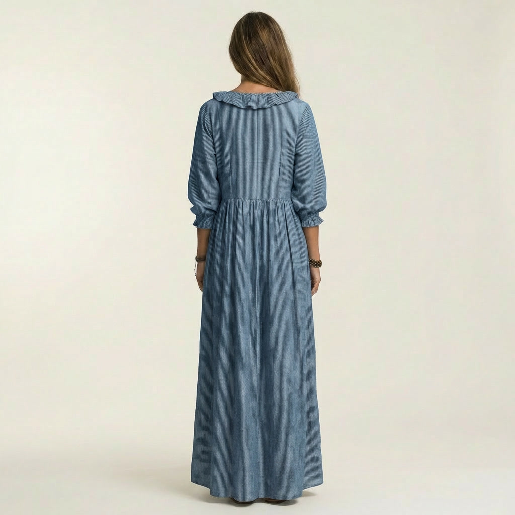 Yosetta | Abito Maxi a Righe con Scollatura a V e Maniche a Lanterne