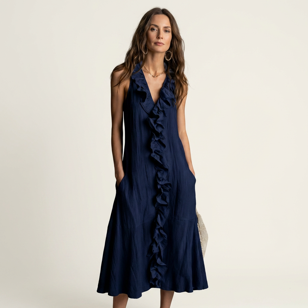 Vicky | Abito Maxi in Lino Senza Maniche con Rouches Frontali a V