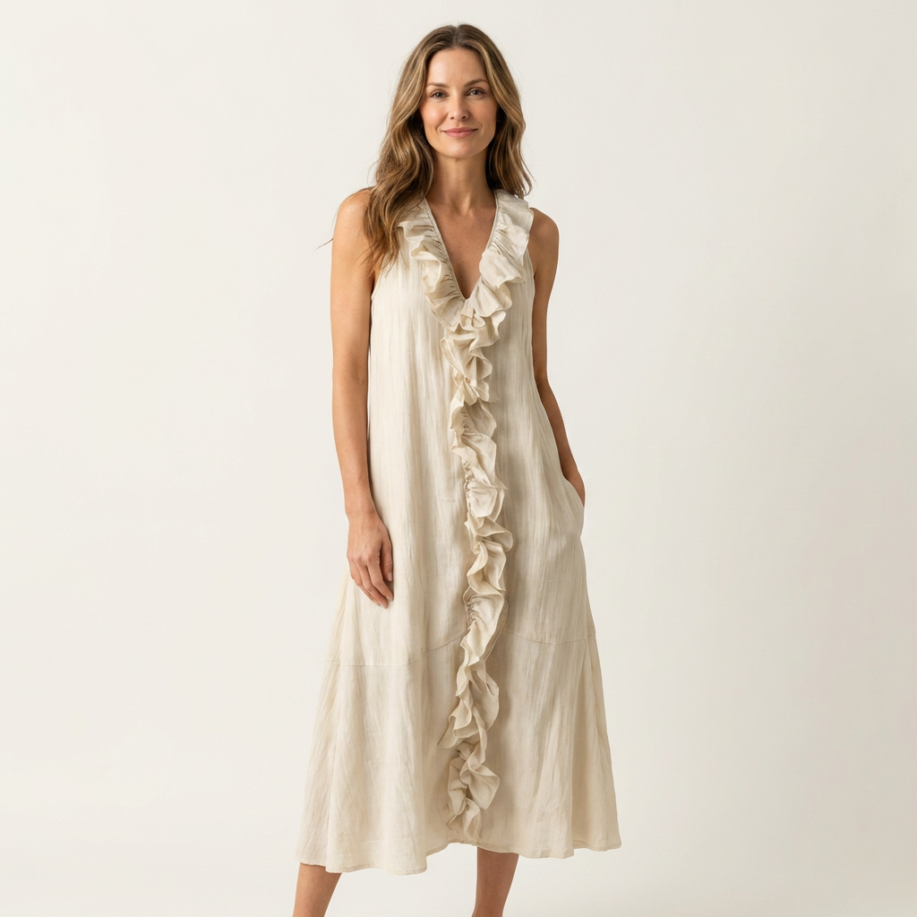 Vicky | Abito Maxi in Lino Senza Maniche con Rouches Frontali a V