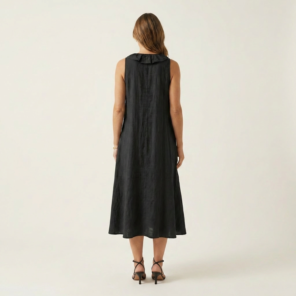 Vicky | Abito Maxi in Lino Senza Maniche con Rouches Frontali a V
