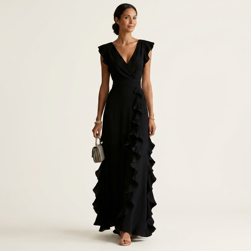Nellyana | Abito Maxi con Scollo a V e Maniche Fluttuanti in Stile Avvolgente