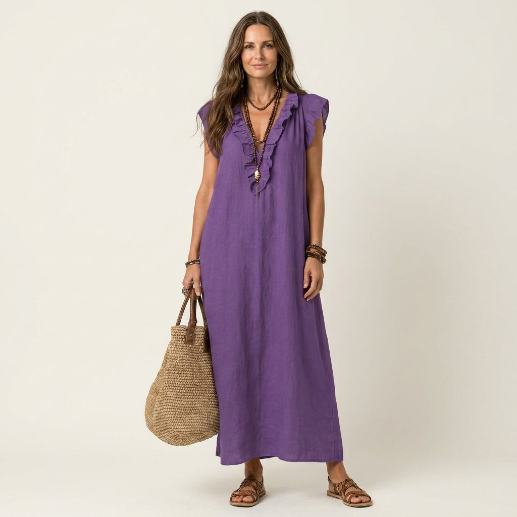 Josette | Abito Maxi in Lino con Volant e Scollo a V