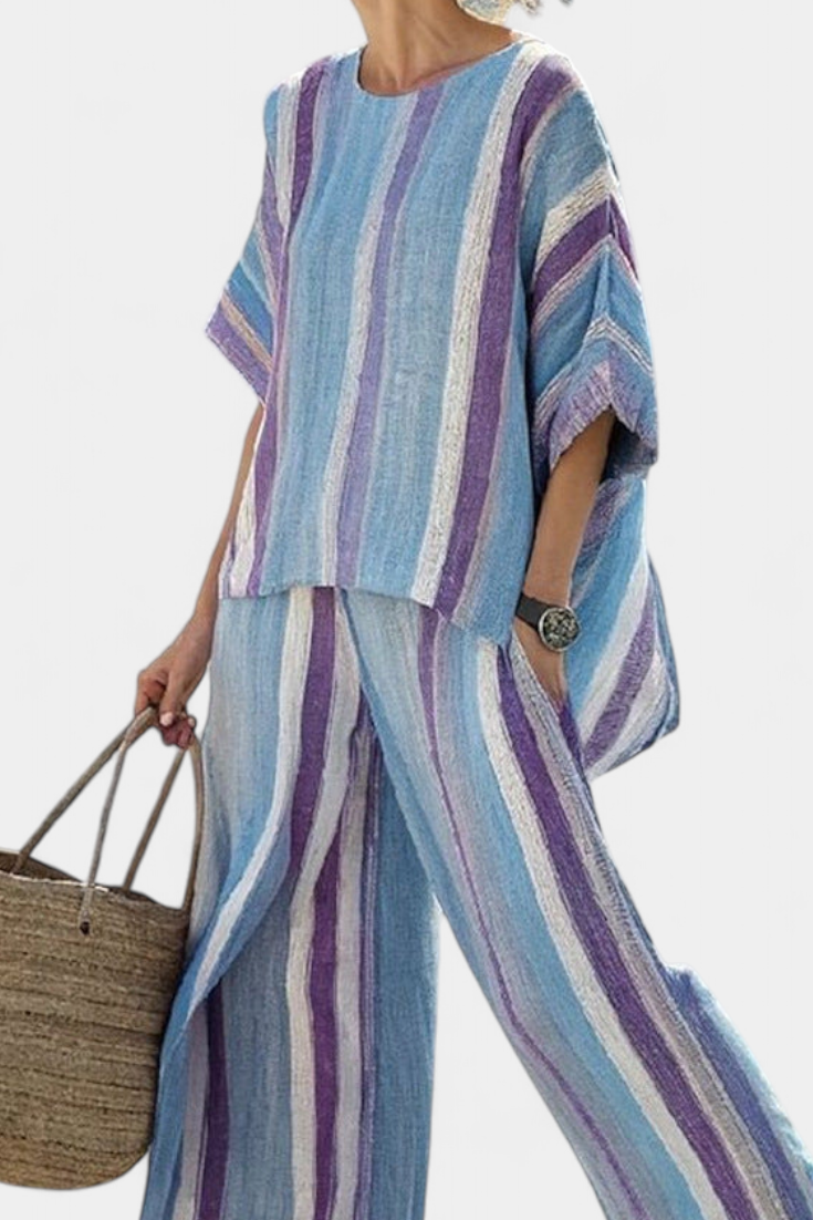 Faelith | Elegante Top Malva Pastello & Pantaloni in Lino a Righe