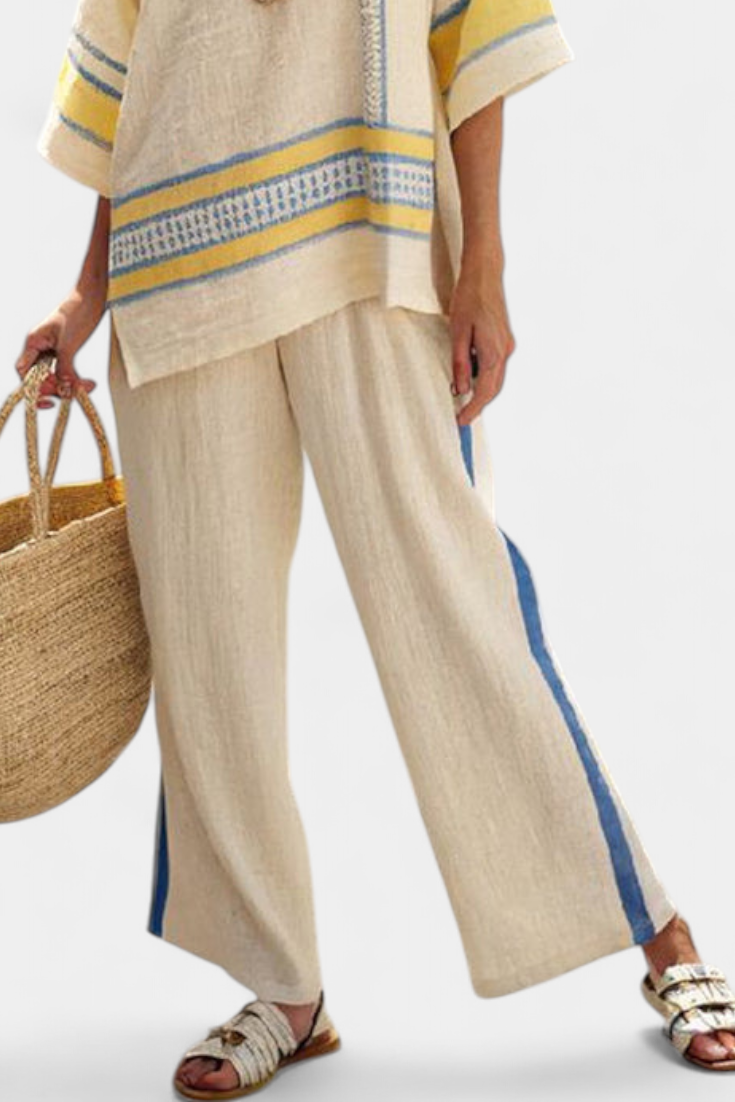Jaxmere | Comodo Top Mediterraneo Blu-Giallo & Pantaloni in Lino