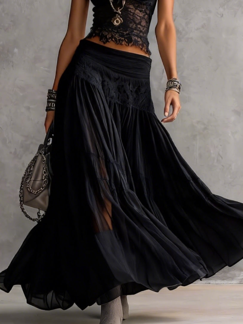 Set Top in Pizzo Nero Trasparente e Gonna Maxi Plissettata — Lucia Toscana (3)