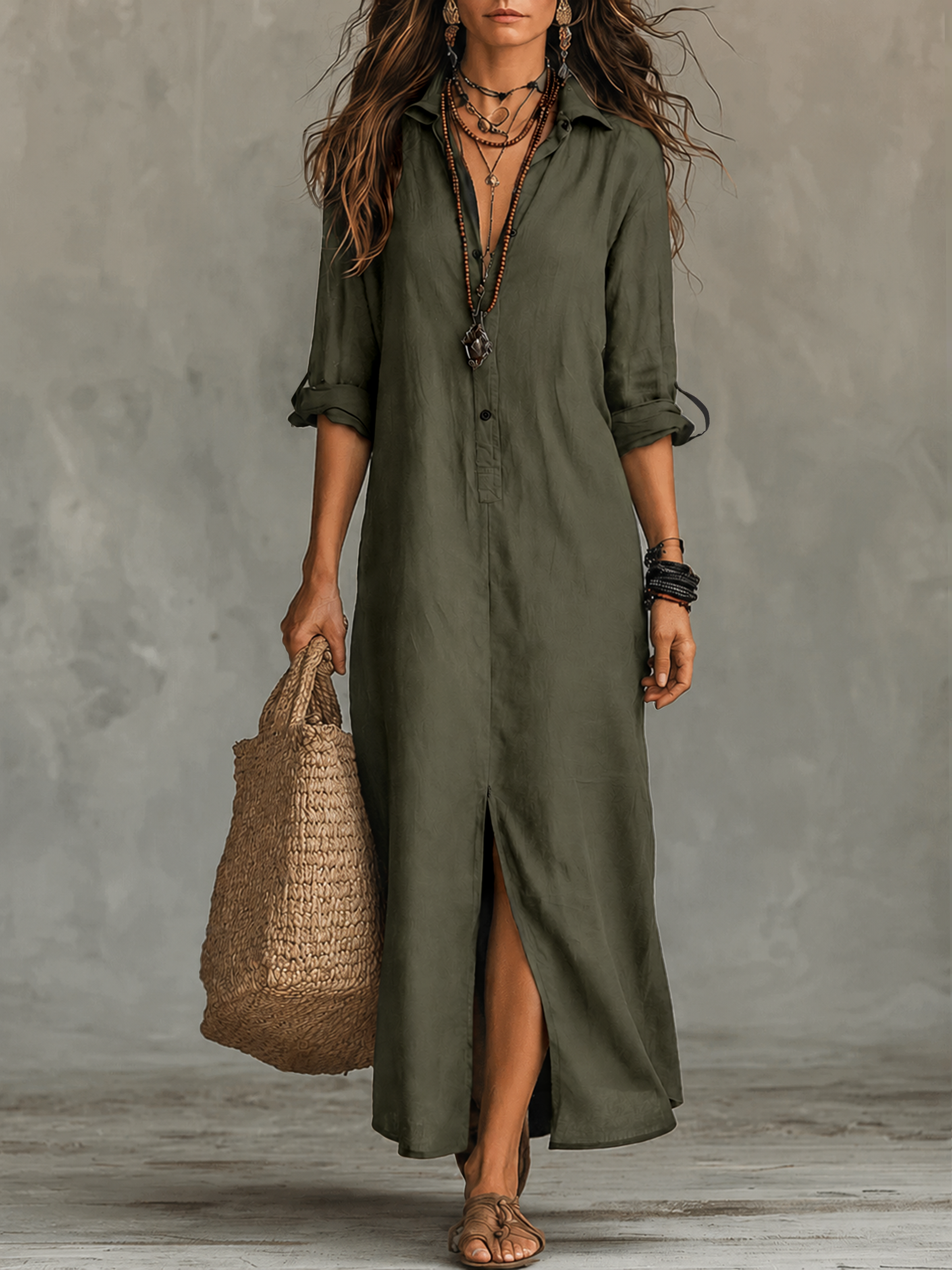Abito Maxi in Stile Bohemien con Bottoni Neri