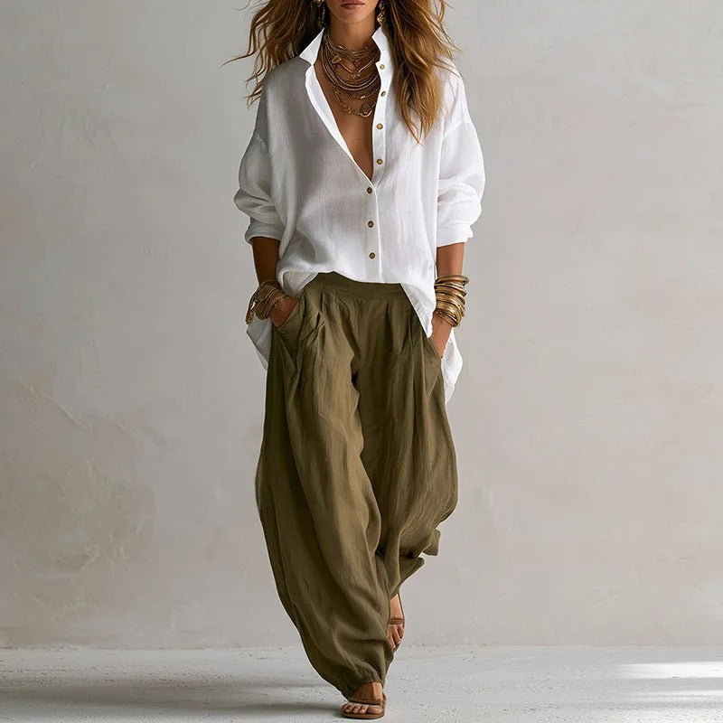Jasmine | Two-Piece Set: Fluid Long-Sleeve Shirt & High-Waist Wide-Leg Pants