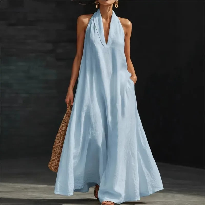 Clara Vestito Maxi in Cotone e Lino Halter
