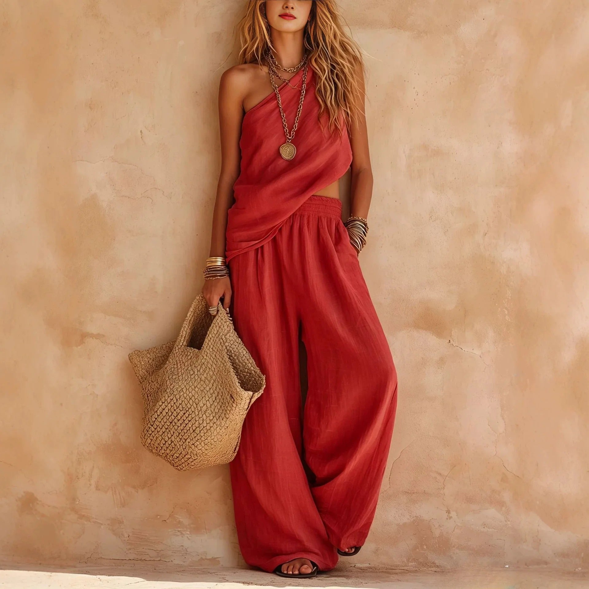 Harper | Linen-Effect Two-Piece Set β One-Shoulder Top & Wide-Leg Pants