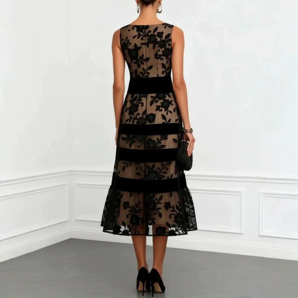 Natalie | Floral Embroidered Tulle Midi Dress