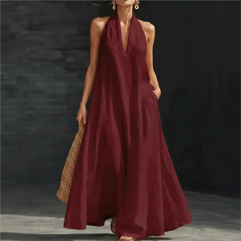 Clara Vestito Maxi in Cotone e Lino Halter