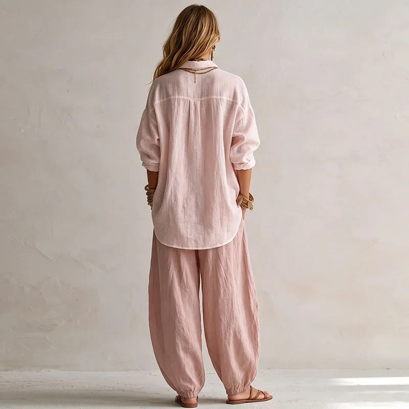 Jasmine | Two-Piece Set: Fluid Long-Sleeve Shirt & High-Waist Wide-Leg Pants