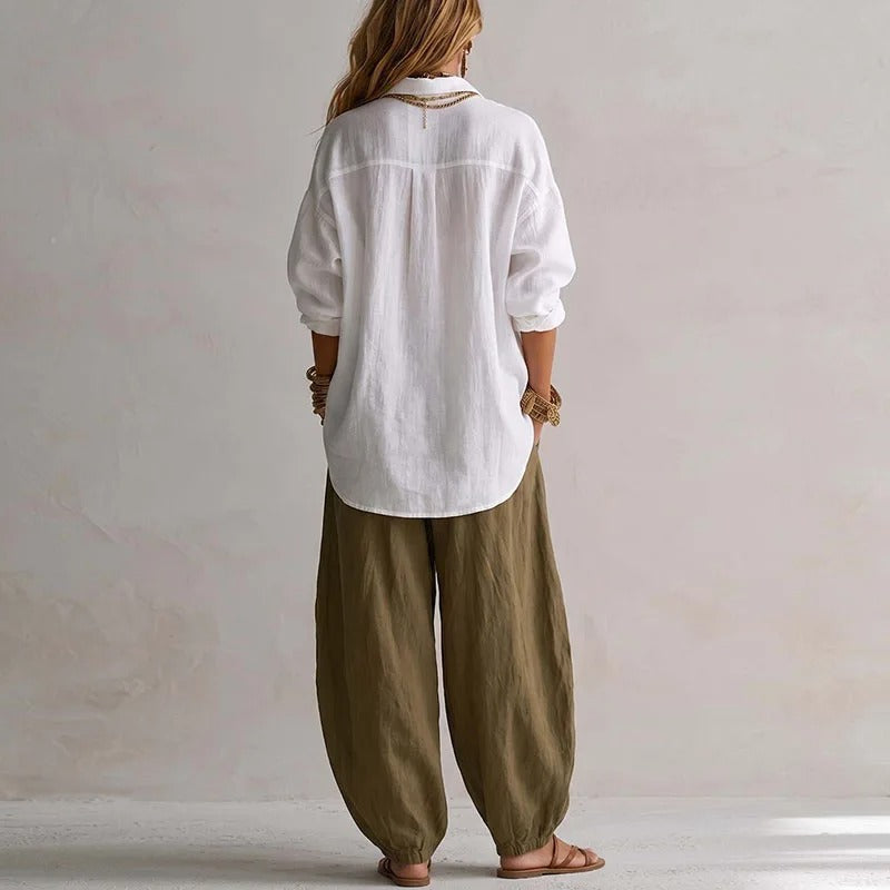 Jasmine | Two-Piece Set: Fluid Long-Sleeve Shirt & High-Waist Wide-Leg Pants
