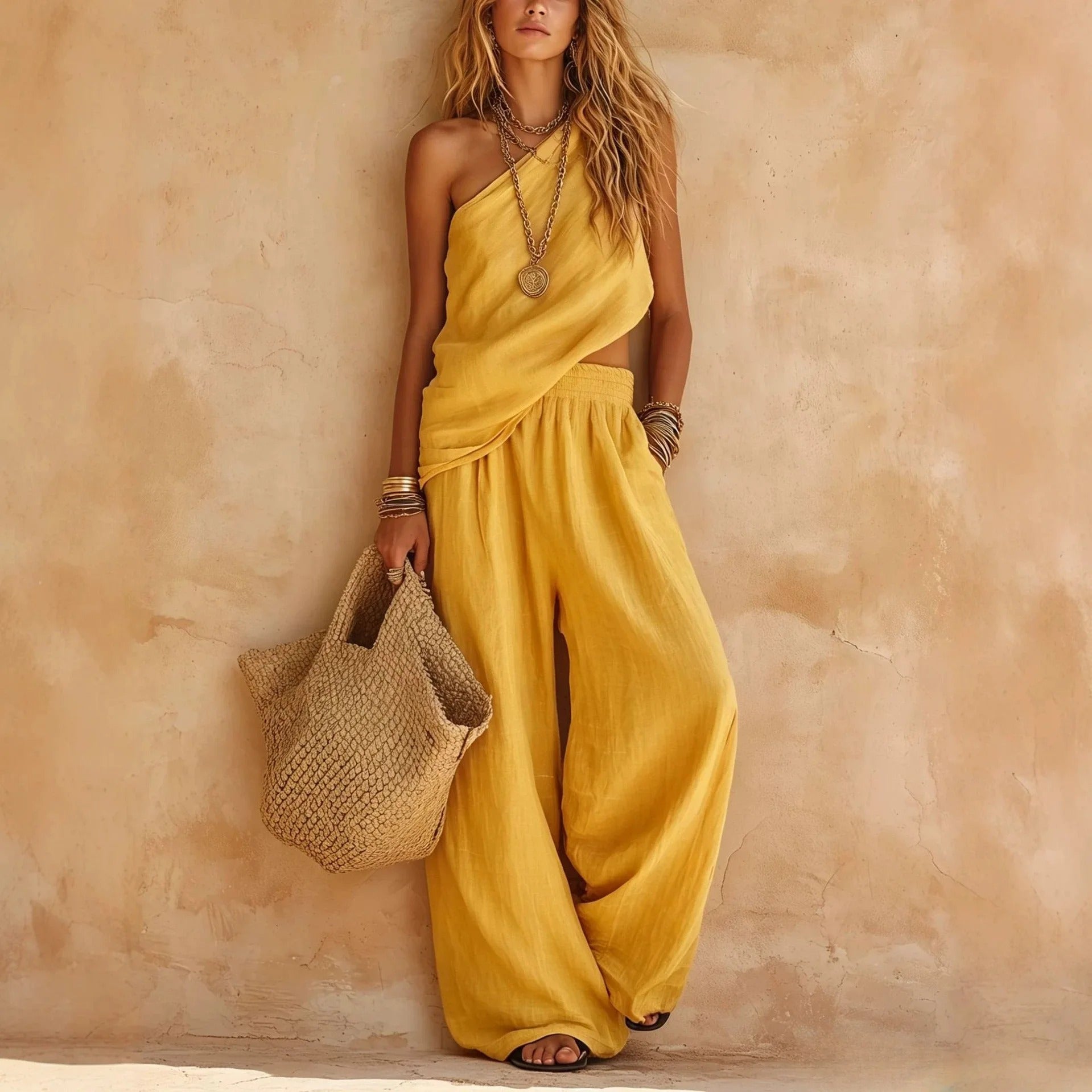 Harper | Linen-Effect Two-Piece Set β One-Shoulder Top & Wide-Leg Pants