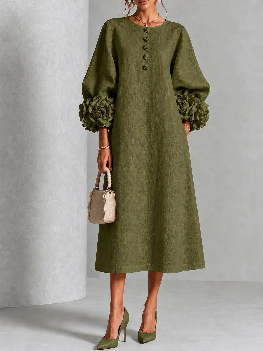 IVY | Abito Midi Floreale con Maniche a Cuffia a Rosa