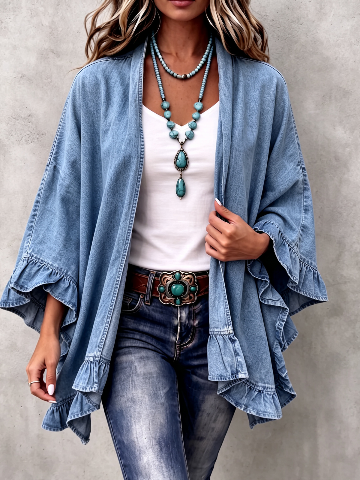Corinne | Cardigan in Denim con Rouches Chic Boho