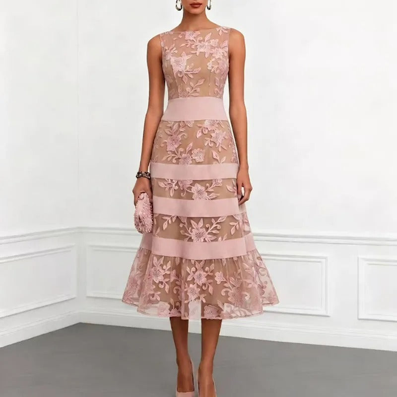 Natalie | Floral Embroidered Tulle Midi Dress