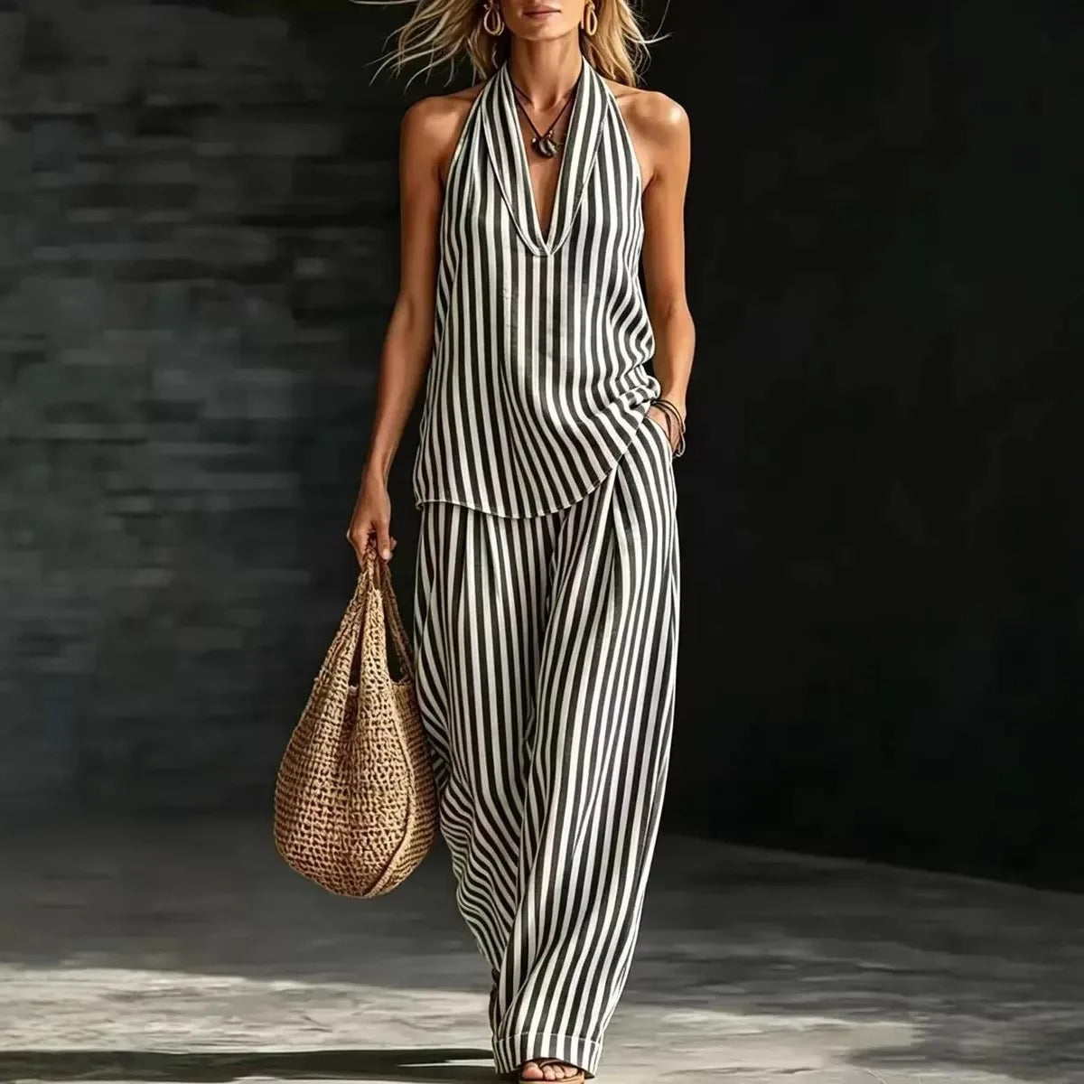 SofÃa Set Effetto Lino con Top Halter e Pantaloni Ampi a Righe