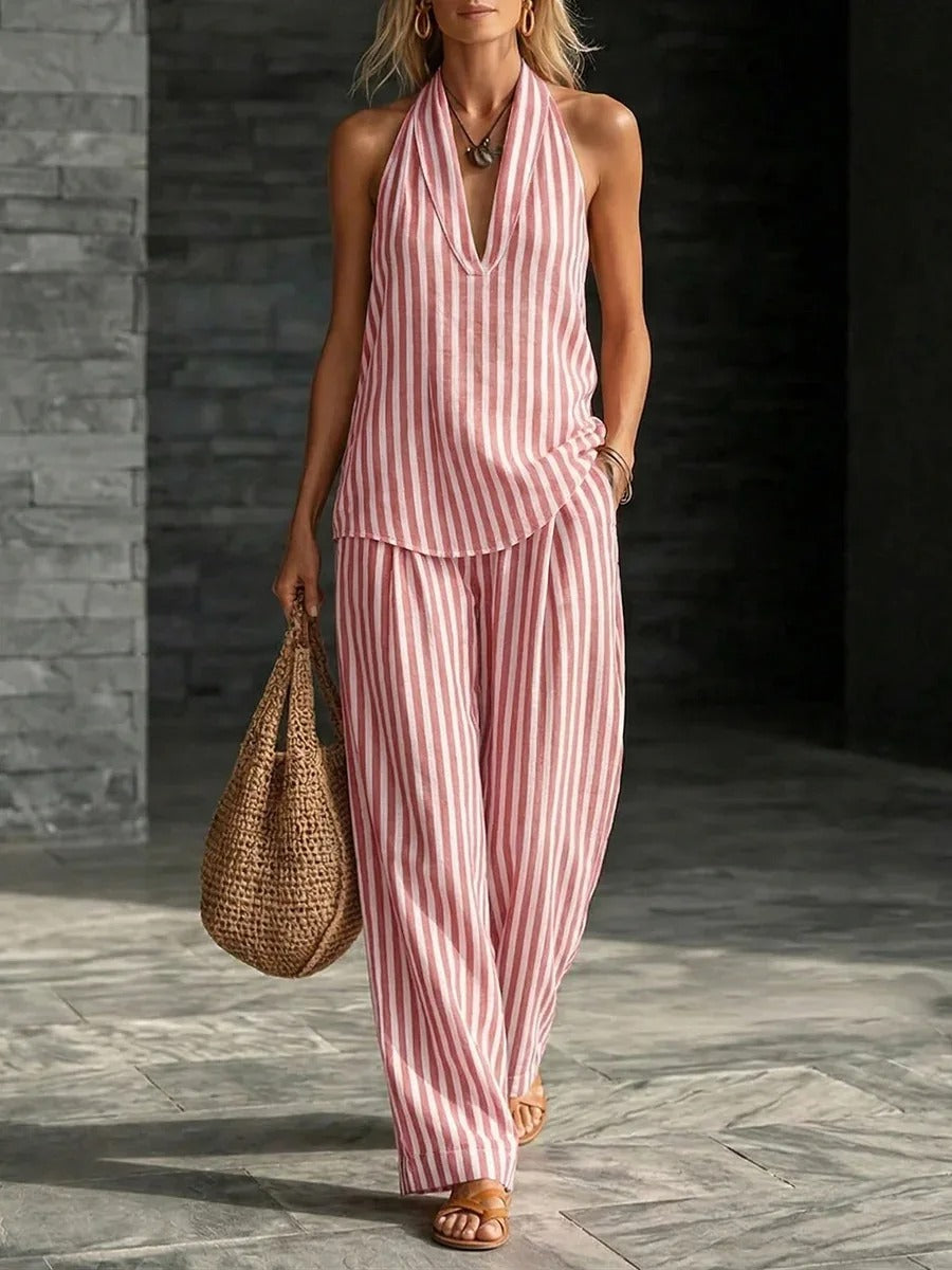 Sofía Set Effetto Lino con Top Halter e Pantaloni Ampi a Righe