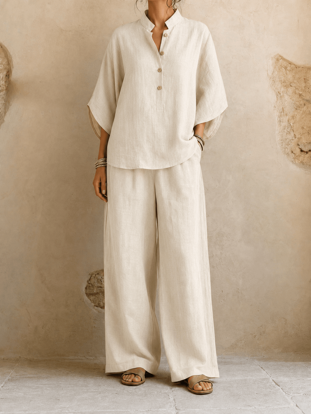 Maribel | Blusa in Lino con Maniche a Pipistrello e Pantaloni a Gamba Larga