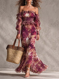 Rosine | Abito Maxi Spalle Scoperte Rosa Antico, Motivo Floreale