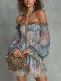 Robe | Mini Abito in Chiffon Arricciato con Spalle Scoperte e Fiori Romantici