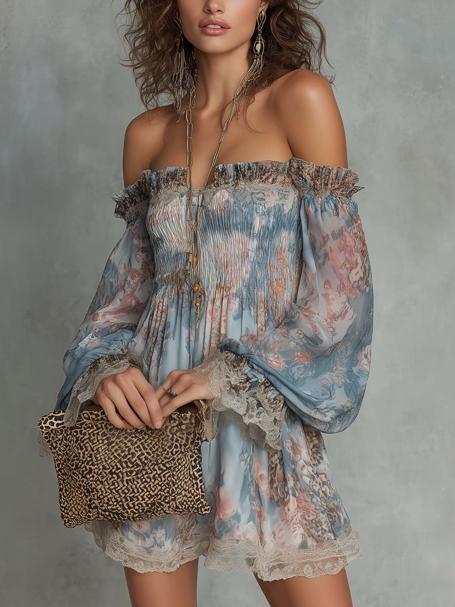 Robe | Mini Abito in Chiffon Arricciato con Spalle Scoperte e Fiori Romantici