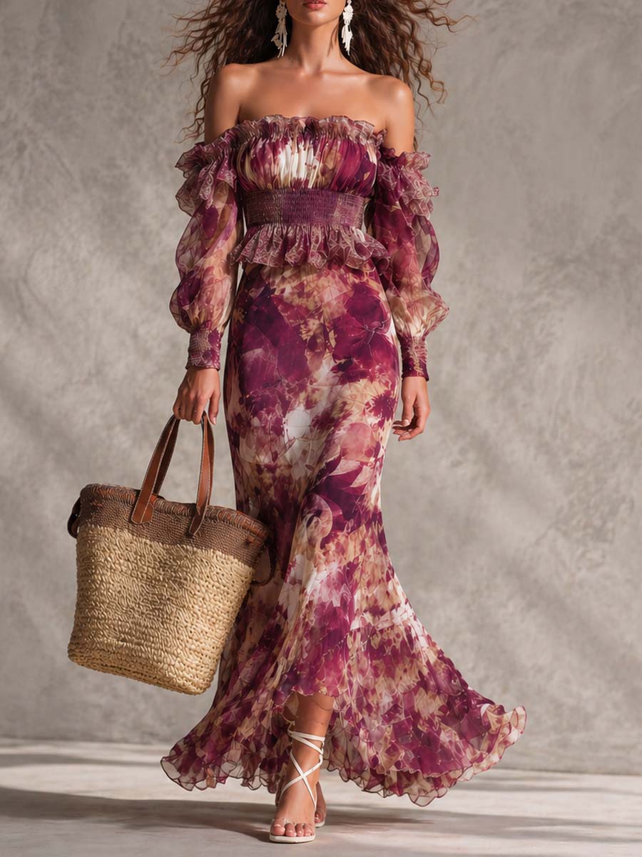 Abito Maxi Chiffon Off-Shoulder Rosa Pallido con Fiori