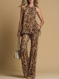 Elegante Top in Chiffon Senza Maniche con Stampa Leopardata e Pantaloni Svasati