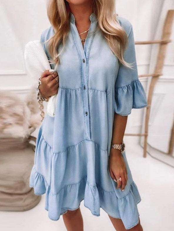Abito Midi in Denim Lavato a Colore Solido con Maniche Corte