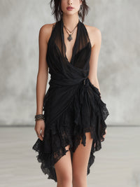 Abito Mini Ruffled in Pizzo con Collo Halter Nero