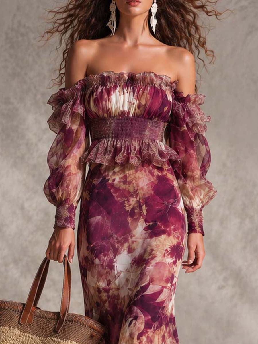 Rosine | Abito Maxi Spalle Scoperte Rosa Antico, Motivo Floreale