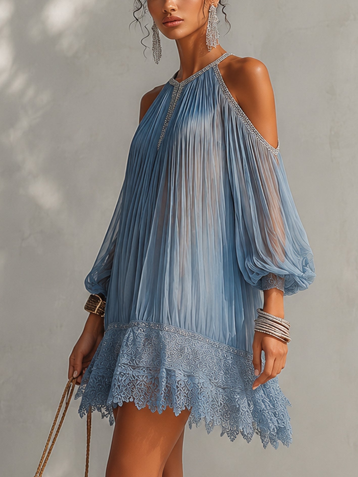 Inesia | Mini Blue Dress with Off-Shoulder and Lace