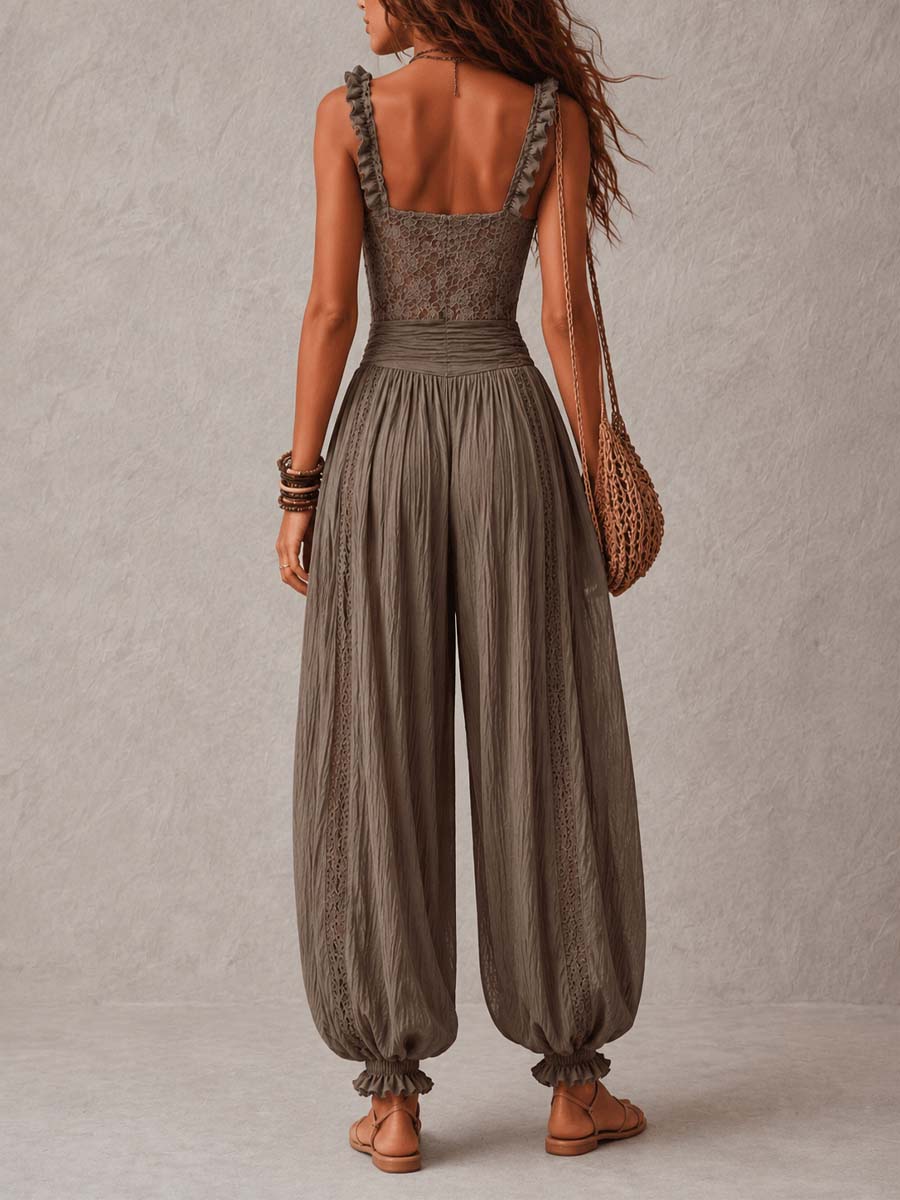 Maya | Lace Top & Pleated Cotton Harem Pants Set