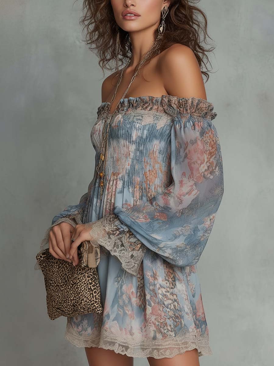 Robe | Mini Abito in Chiffon Arricciato con Spalle Scoperte e Fiori Romantici